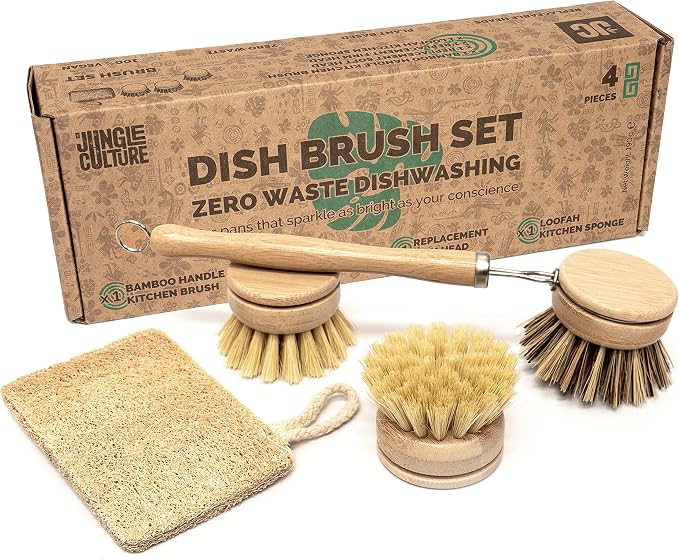 JUNGLE CULTURE Bamboo Dish Brush • 3 Swap Heads & Loofah Sponge • 4 Piece | Non Toxic Plastic Free Kitchen Brushes for Pots, Pans, Cast Iron, Jars & Vegetables • Natural Fiber Bristles