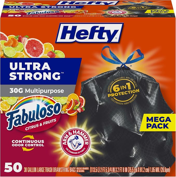 Hefty Ultra Strong 30 Gal Large Trash Bags, Black, Fabuloso Citrus, 50ct | 30G Large Black Trash Bags with Drawstrings, Resists Leaks, Punctures, Tears, Continuous Odor Control, Garage Waste, Storage
