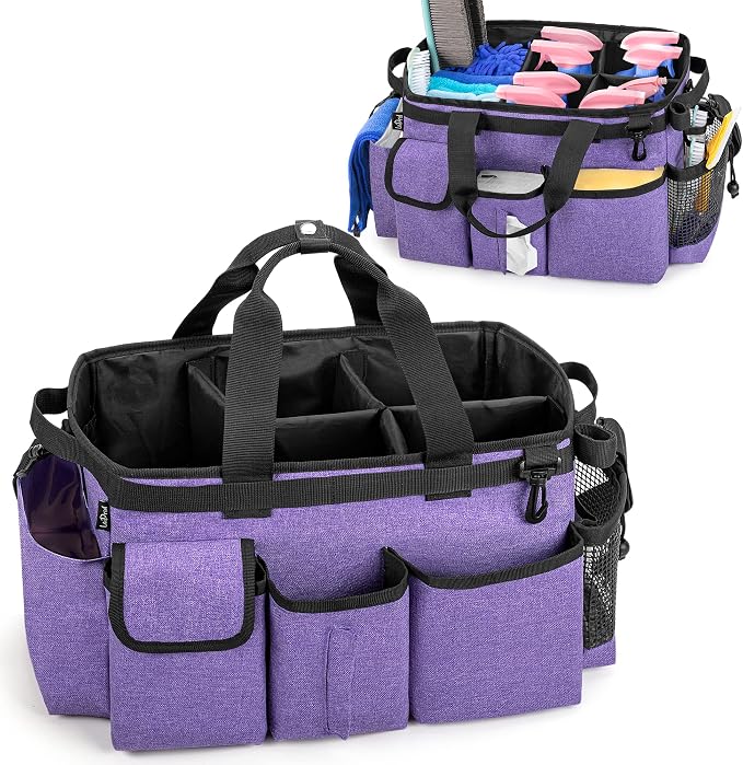 LoDrid Large Wearable Cleaning Caddy Bag with Detachable Divider, Purple | Cleaning Supply Tote Organizer with Handles and Adjustable Shoulder Strap for Cleaners & Housekeepers