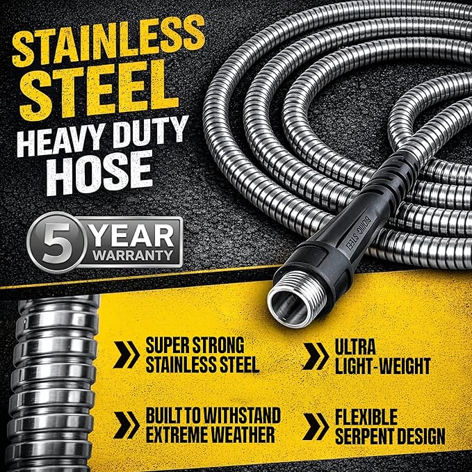 BIONIC STEEL 150 Ft Metal Garden Hose with Sprayer Nozzle | Non Kinking Design, Stainless Steel Heavy Duty Water Hose 150Ft x 5/8 in. Flexible & NON Expandable for Water Flow, 500 PSI