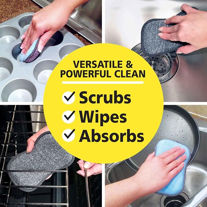 Original Scrub-N-Wipe Pad by Tuff-Scrub, 6-Pack, Microfiber, Multi-Surface, Non-Scratch, Dual-Sided, Scrubber for Dishes, Sinks, Non-Stick Cookware – Machine Washable, Durable Kitchen Sponge (Large)