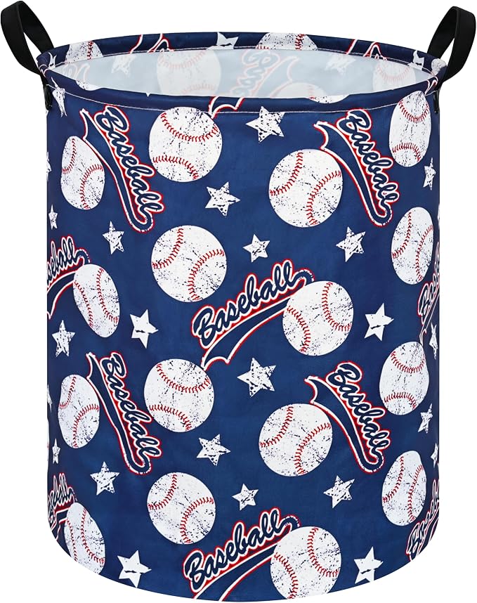 Round Baseball Pattern Laundry Hamper Clothes Storage Basket Fabric Storage Hamper Organization Storage Bin, Nursery Box,Gift Basket with Handles