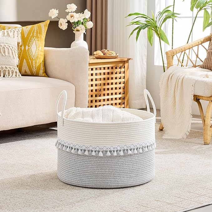 KAKAMAY Large Blanket Basket with Handles, Storage Basket for Living Room | Extra Large Capacity | Natural Cotton Rope | Blanket Storage | Woven Storage Basket | Stuffed Animal Storage | Laundry Basket