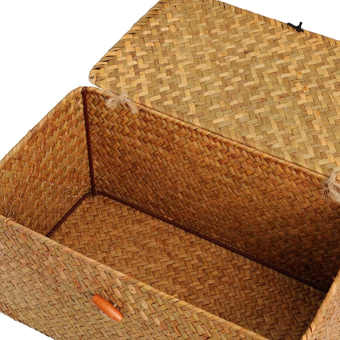 DOKOT Rectangular Handwoven Seagrass Small Storage Basket with Lid for Shelves and Home Organizer Bins,S (10.2"x5.5"x4.3"H), Natural