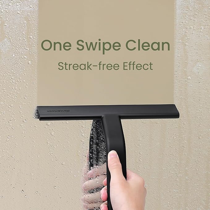 JustHang Shower Squeegee with Built-in Hook, 10-Inch Black | Award-Winning Design, All-One-Piece Soft-Touch Silicone, for Glass Door, Bathroom, Window, Mirror, Tile Wall, Car