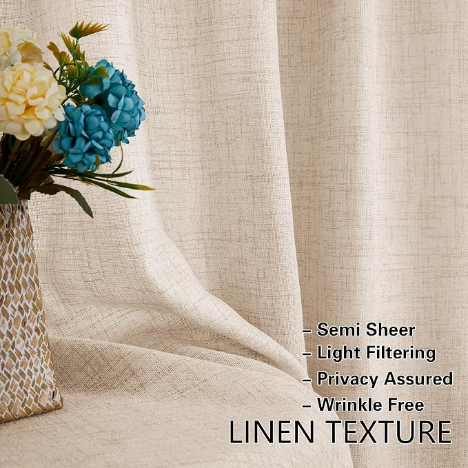 Linen Beige Semi Sheer Curtain 2 Panels Dual Rod Pocket with Tieback | for Kitchen Bathroom, French Glass Door Curtains, 40 Inches Long, Privacy Light Filtering Drapes, W25xL40, Boho Farmhouse