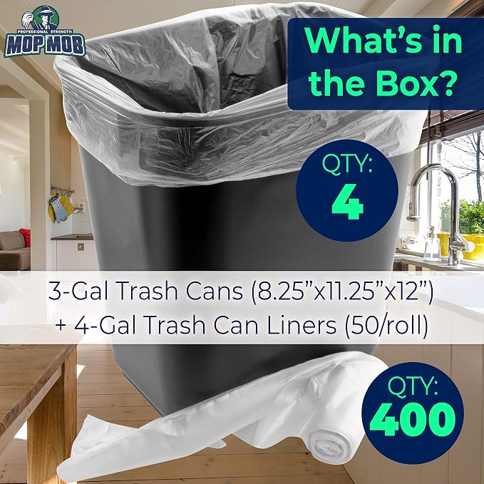 Space-Saving Trash Can and 4 Gal. Leak-Proof Liners Combo 4Pk. Small Black Plastic Wastebasket and Clear Bags Great for Bathroom, Kitchen or Office. Garbage Bin Fits Under Most Desks and Cabinets