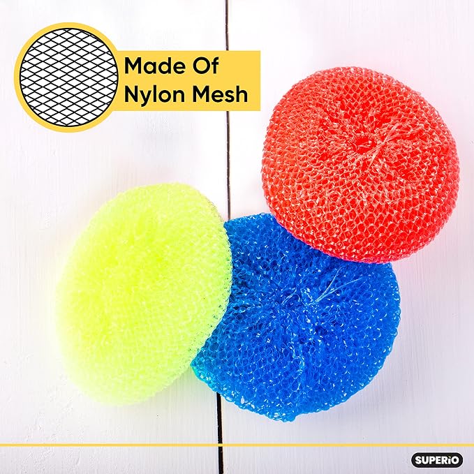 Superio Nylon Scouring Pads - Dish Scrubbers, Durable Mesh Scourers for Dishes, Pots, Stoves - 12 Pack (Assorted Colors)