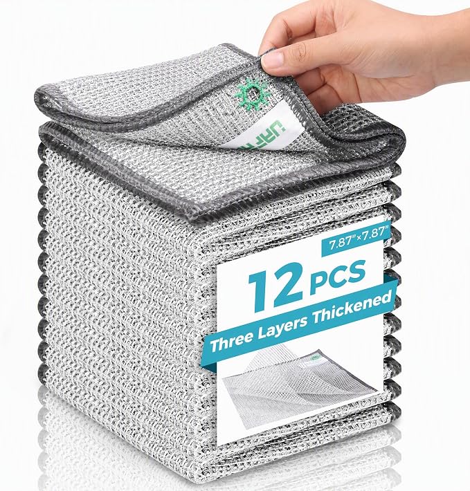12pcs Upgrade 3-Layer Non-Scratch Steel Wool Dish Rags for Washing Dishes | Wet & Dry Clening, Effortlessly Strips Stuck-on Grime, Great for Cookware, Sinks, Dishes and Stove tops 7.87“ x 7.87”