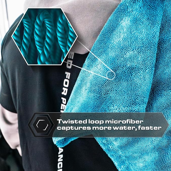 Microfiber Car Drying Towel 24"x36", 1300GSM Twisted Loop | Twisted Loop microfiber dries your car in one pass-1300GSM, streak-free & scratch-safe. Absorbs 6x its weight, no water spots
