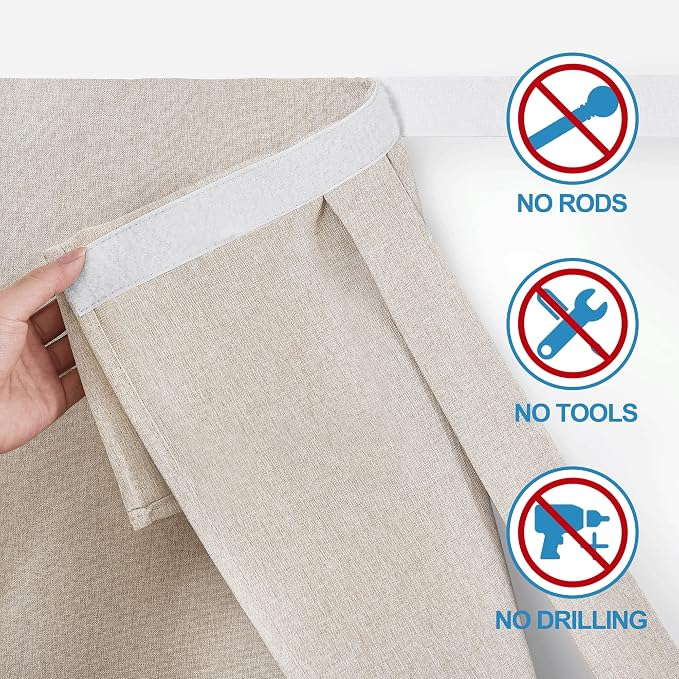 RYB HOME Linen Blended French Door Curtains, Self Adhesive Shades | Privacy, Room Darkening, Glass Door Window Curtains, for Kitchen Patio Sidelight Window, Tie Up, W34 x L80, Khaki, 1 Panel