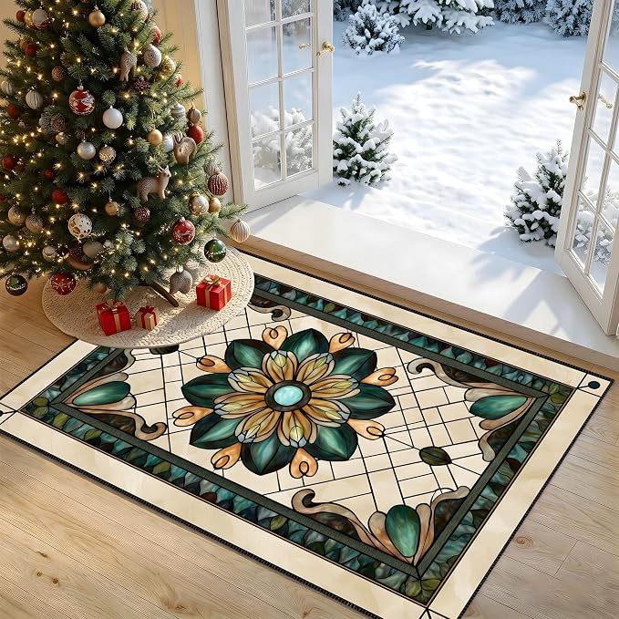 Stained Glass Floral Laundry Mat 23.6 x 19.6 Inch (Retro Green)
