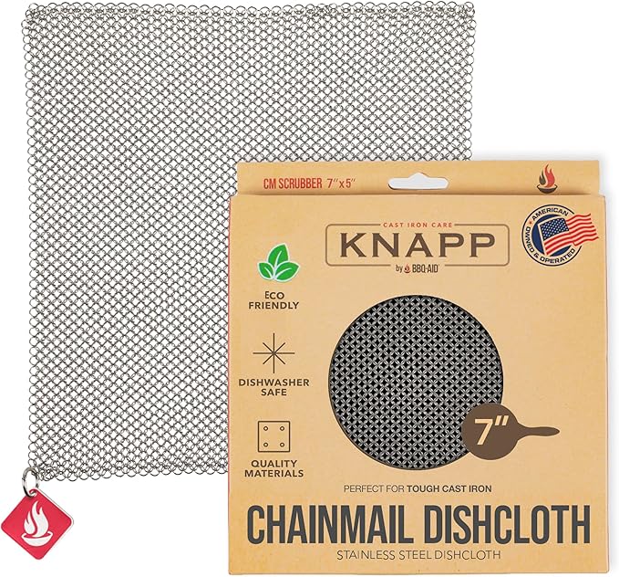 Knapp Made 7"x5" Chainmail Dishcloth - Stainless Steel Cast Iron Scrubber | Replace Your Dirty Sponge. All-purpose Kitchenware Cleaner For Pots, Pans & Cookware - Lasts a Lifetime