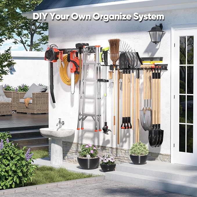 Nacial Heavy Duty Garden Tool Organizer Metal Wall Mount, 64 inches | 600lbs Alloy Steel Tool Storage Rack with Adjustable Hooks, Yard Shed Rack Holder System Hanging Rake Broom Mop Snowboard