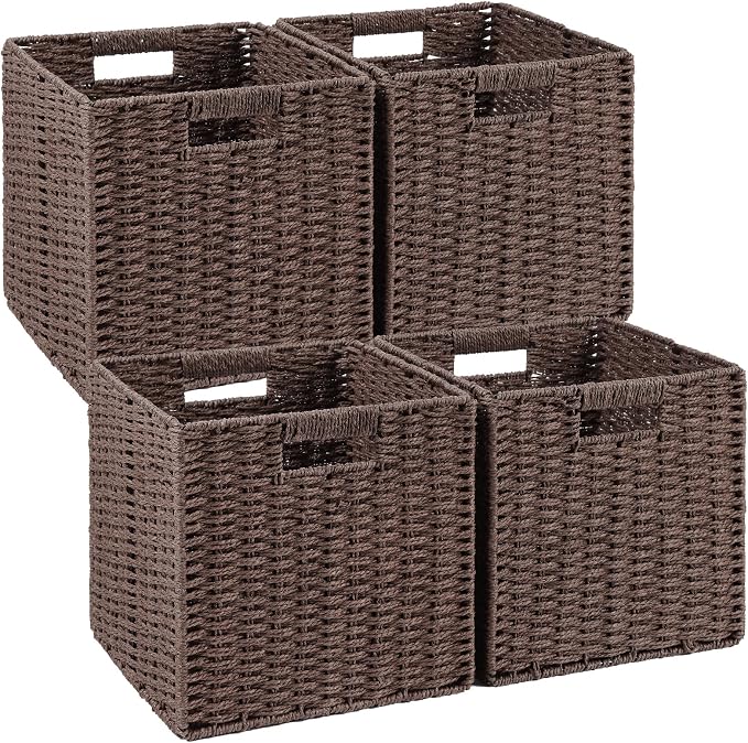 Patvingot 11-Inch Paper Rope Wicker Basket with Built-In Handles,4 Pack | For books, throws and accessories on open shelves, decorative woven texture, metal frame supports the shape, folds flat