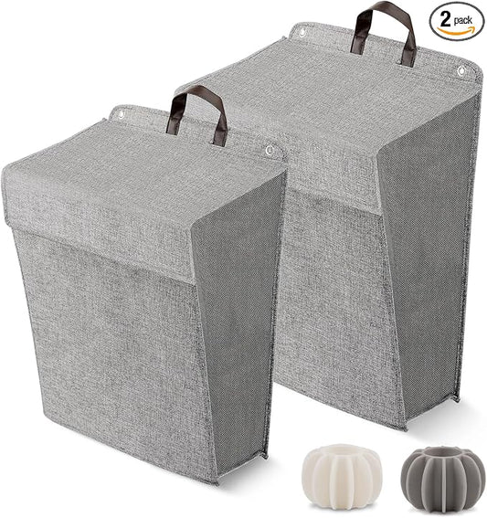 Wall Hanging Laundry Basket, Collapsible Laundry Hamper with Handle & Laundry Balls,Space-Saving Foldable Storage Dirty Washer Organizer Bin Multi-function Container Durable, Set of 2 (Grey)