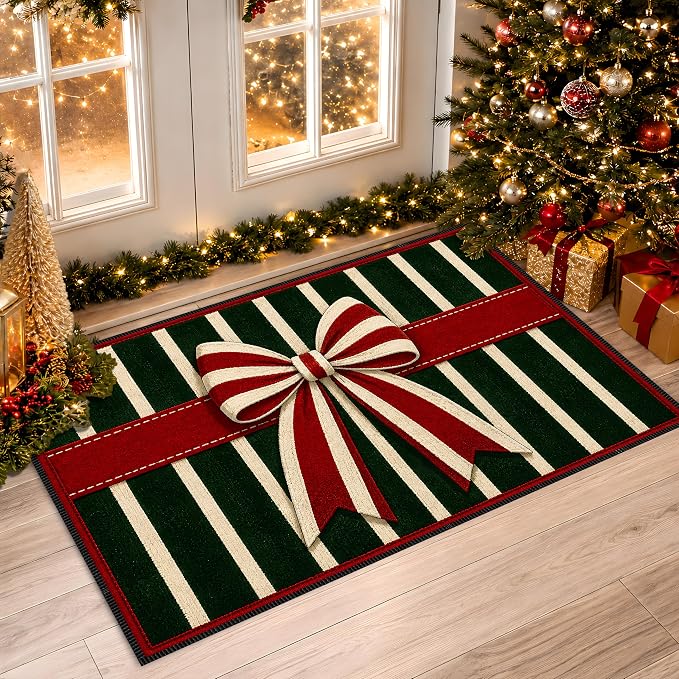 Christmas Bow Rug 15.7x23.6 in, Faux Cashmere Non Slip Floor Mat (Striped Bow, 15.7x23.6inch)