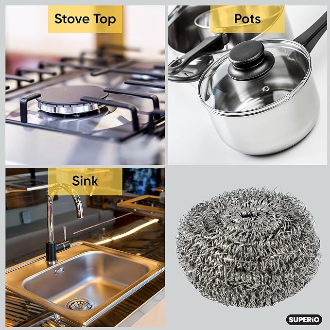 Superio Stainless Steel Scourers Steel Wool Scrubber Pad Used for Dishes, Pots, Pans, Grill, Stoves, and Ovens, Easy scouring for Tough Kitchen Cleaning Pack of 24