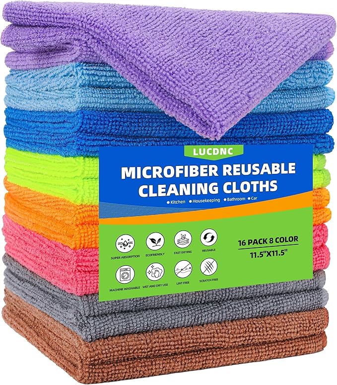 lucdnc Microfiber Cleaning Cloths 16 Pack 8 Colors 11.5"x11.5" | Soft Lint-Free Cleaning Rags for Home, Kitchen, Bathroom, Car, Wet & Dry Use