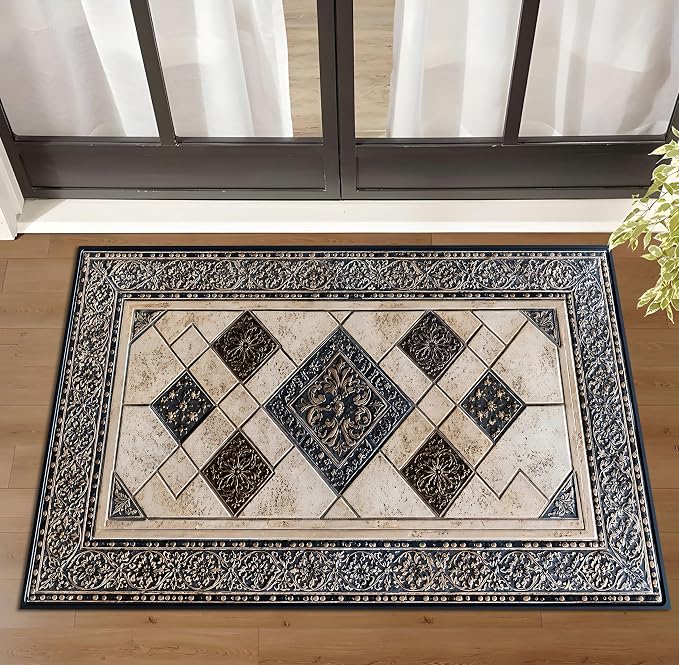 Vintage Geometric Mosaic Rug 15.7x23.6 Inch, Faux Cashmere Non Slip Small Area Rug, Decorative Indoor Floor Mat for Entryway Bedroom Kitchen (Geometric Grid, 15.7x23.6inch)