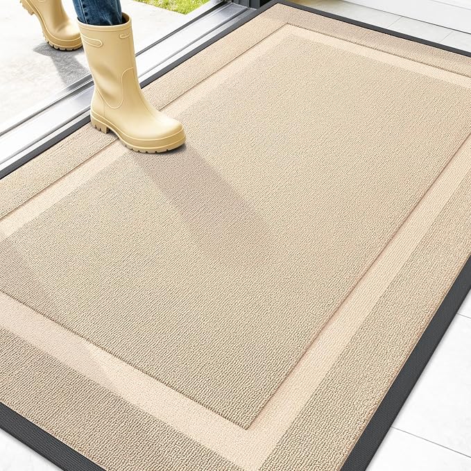OLANLY Front Door Mat Outside 47x32, All-Season Heavy-Duty Rubber Doormat | Off-White, Absorbent, Stain Fade Resistant, Waterproof Non-Slip Backing, Low-Profile Indoor Outdoor Floor Mat for Entryway