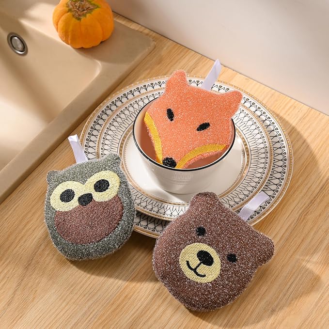 Fox Run Woodland Animal Sponge Set, Non-Abrasive Fox, Owl & Bear Scrubbers | Easily Clean Plates, Pots & Glasses | Dish Sponges For Nonstick Pans | Cute Kitchen Décor | Reusable Animal Scrub Sponge Set