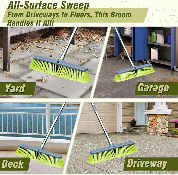18" Push Broom with 47" Long Handle, Multi-Surface Floor Scrub Brush for Cleaning Deck, Patio, Garage, Driveway | Multi-Surface Floor Scrub Brush for Cleaning Deck, Patio, Garage, Driveway