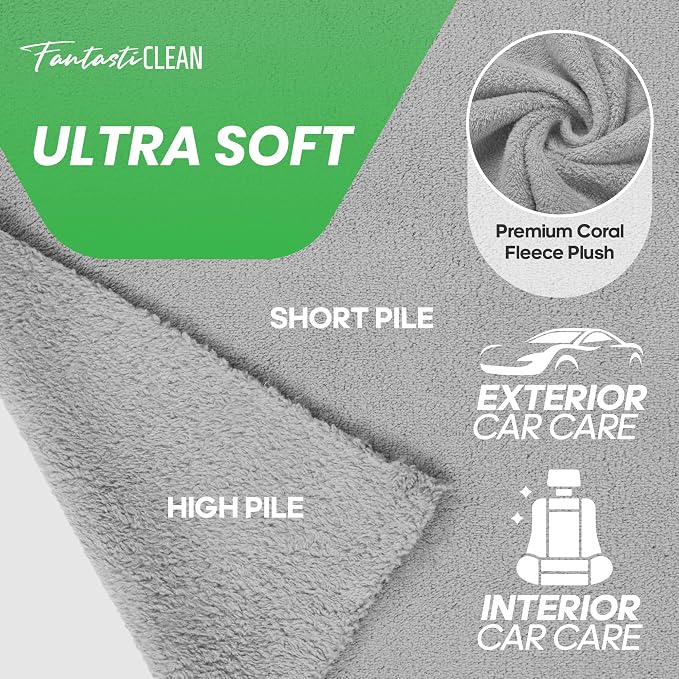 Fantasticlean Thick Microfiber Towel Roll, 14" x 14", 20 Pack, Grey | Tear Away Detailing Cloth, Ultra Absorbent, Scratch-Free, Fluffy Coral Fleece, 230 GSM, for Car, Home