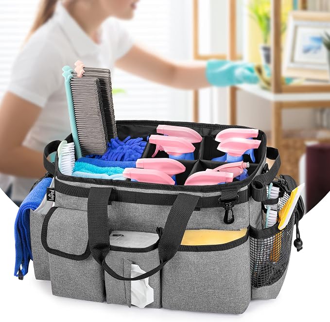 LoDrid Large Wearable Cleaning Caddy Bag with Detachable Divider,Grey | Cleaning Supply Tote Organizer with Handles and Adjustable Shoulder Strap for Cleaners & Housekeepers