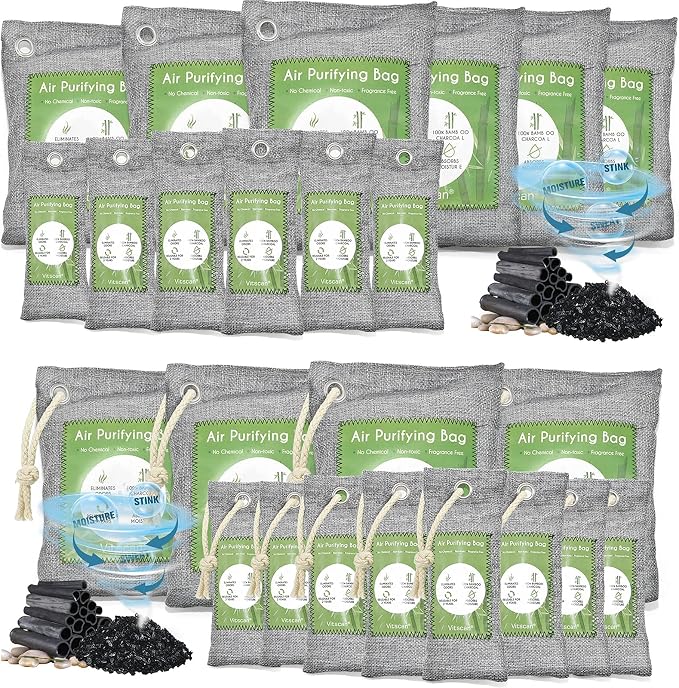 24 Pack Bamboo Charcoal Air Purifying Bag, Activated Charcoal Bags Odor Absorber, Moisture Absorber, Natural Car Air Freshener, Shoe Deodorizer, Odor Eliminators For Home, Pet, Closet