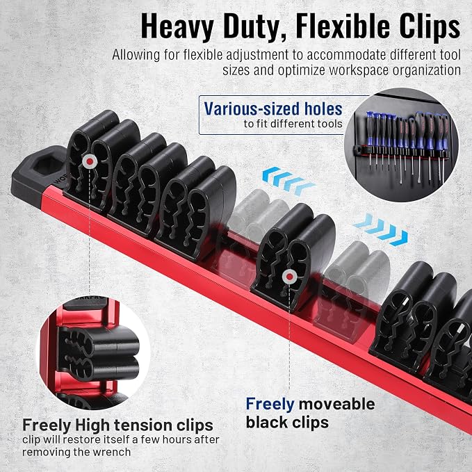 WORKPRO Magnetic Screwdriver and Wrench Organizer Set, 12-Slot Tool Holder | Aluminum Rail, Magnetic Force, Flexible High-Tension Tool Clips, For Tool Box Drawer & Wall-Mount Storage