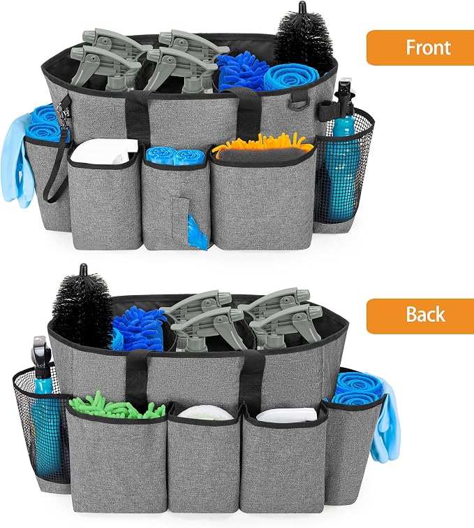 LoDrid Professional Cleaning Tote Caddy for Cleaning Supply, Gray | Cleaning Bag Organizer with Dividers and Handle Strap for Housekeepers Work, Bag Only