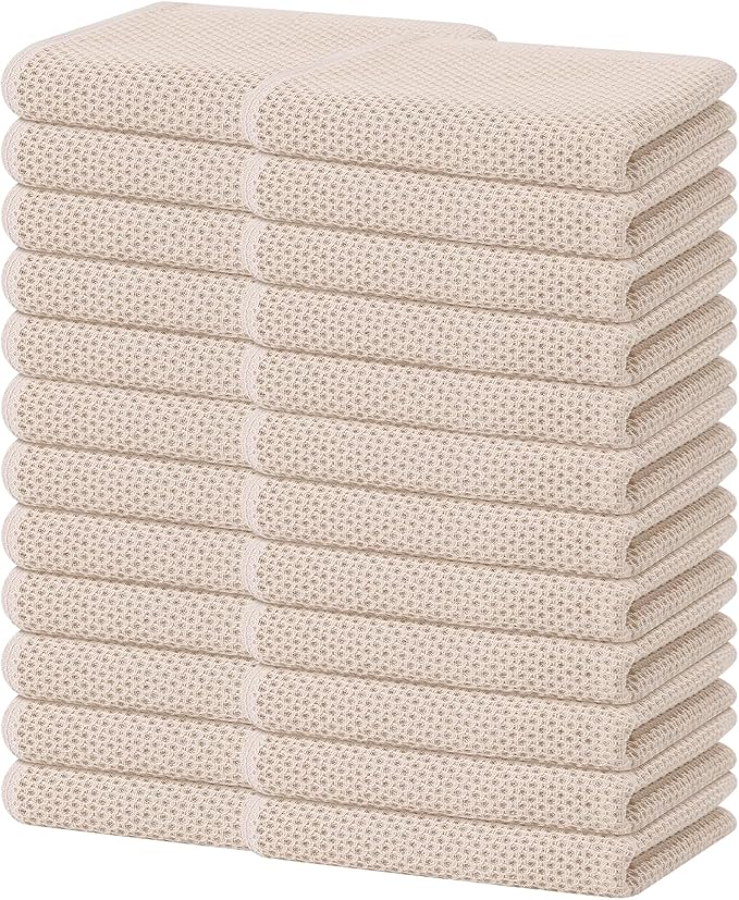 Homaxy 100% Cotton Waffle Weave Kitchen Dish Towels 24-Pack, Beige | 13 x 28 Inches, Ultra Soft Absorbent Dish Towels, Quick Drying Cleaning Towels