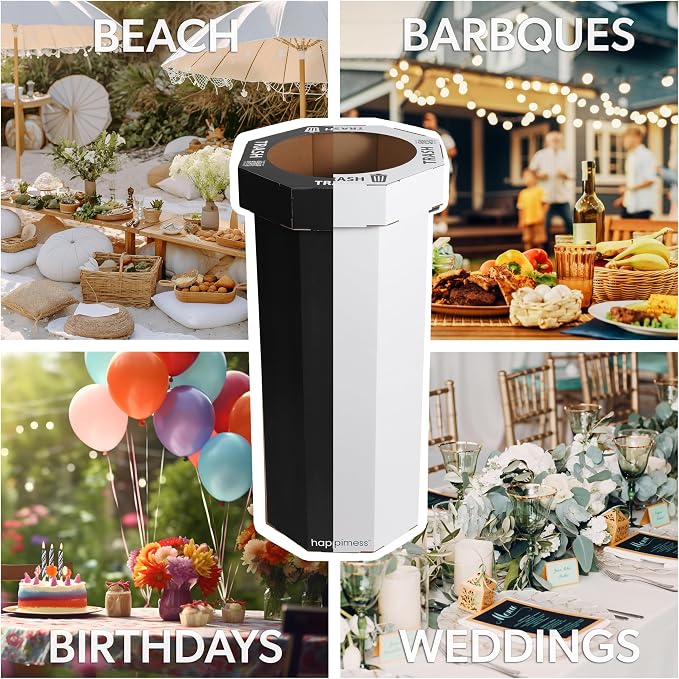 happimess Fleur 25 Gal Trash Can Bin, Charcoal Black/Cotton White, Set of 2 | Event Recycling, Traditional Classic Disposable Corrugated Cardboard, 32" Height, 16" Width, 16" Depth