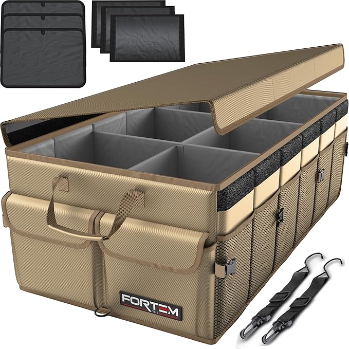 FORTEM Trunk Organizer - Foldable Car Organizer & Storage for SUVs & Trucks | Car Accessories for Men Women, Collapsible Bag, Non Slip Bottom, Straps, Soft Cover, 600D Oxford, Beige, 6 Compartments, 85L