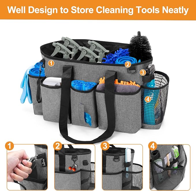 LoDrid Professional Cleaning Tote Caddy for Cleaning Supply, Gray | Cleaning Bag Organizer with Dividers and Handle Strap for Housekeepers Work, Bag Only