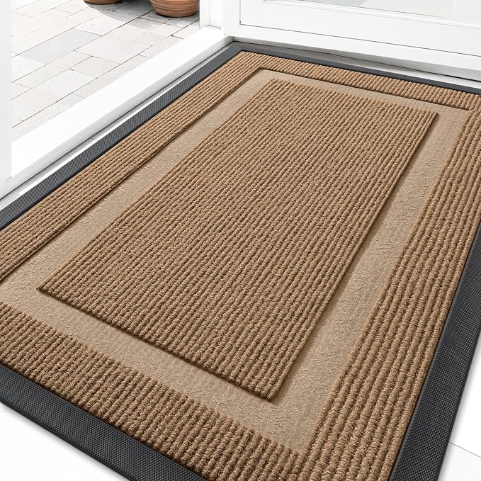 OLANLY Front Door Mat Outside 33x21, All-Season Heavy-Duty Rubber Doormat | Light Brown, Absorbent, Stain Fade Resistant, Waterproof Non-Slip Backing, Low-Profile Indoor Outdoor Floor Mat for Entryway