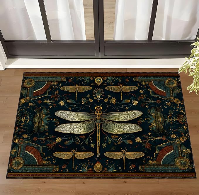 Vintage Dragonfly Laundry Room Mat 23.6 x 19.6 Inch, Dark Teal Botanical Non-Slip Washer Dryer Floor Rug for Entryway, Kitchen and Bathroom (Dark Green)