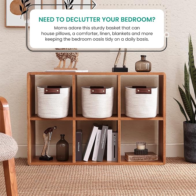 3 Pack Woven Cotton Rope Storage Basket, 15x10x9, Cream | Faux Leather Handles; Decorative Closet Shelf Organizer; Ideal for Storage & Organization