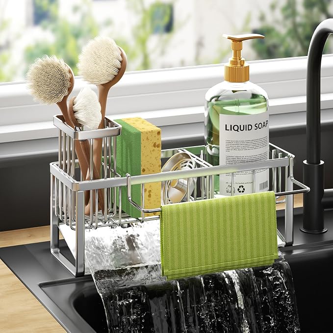 HapiRm Sponge Holder for Kitchen Sink - Self-draining Rustproof Organizer | Sloping Self-draining, Detachable Brush Holder, Stores Sponges, Brushes & Dishcloth, For Countertop Storage, Silver