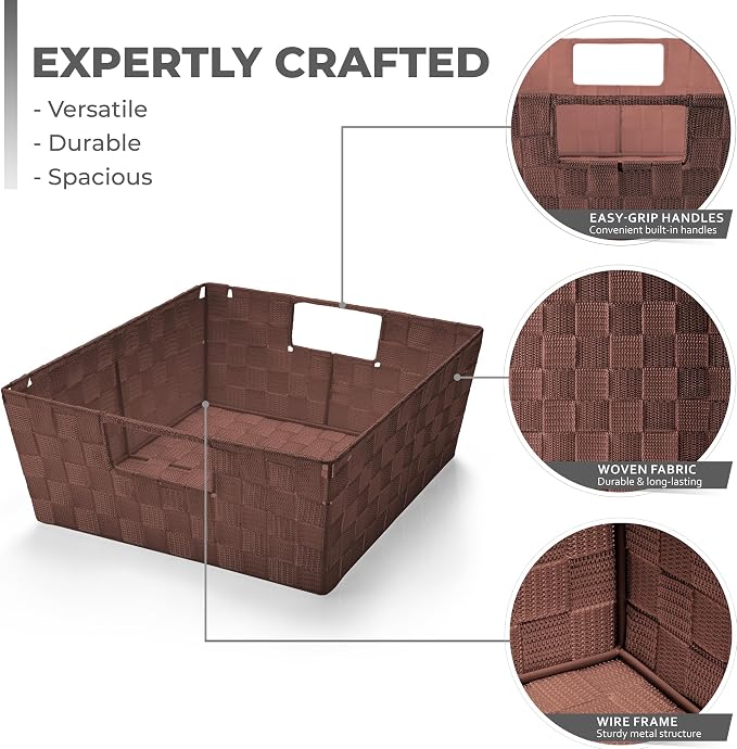 Sorbus Baskets for Organizing, Woven Storage Set (3 Piece Set, Chocolate) | Carry handles, mesh construction and metal frame support fabric bins for linen closets, shelves and home decor.