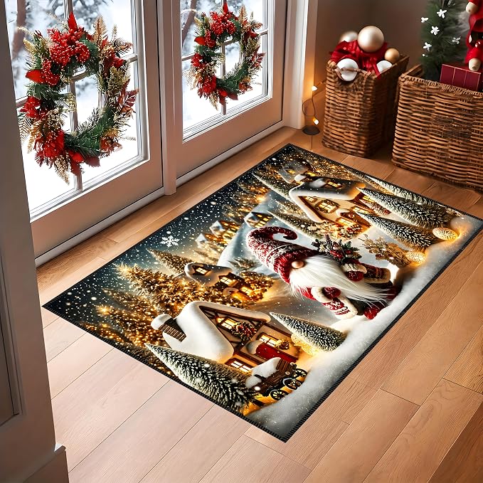 Christmas Gnome Area Rug 15.7x23.6 Inch, Faux Cashmere Non Slip Floor Mat, Snowy Village Holiday Rug for Entryway Bedroom Kitchen (Snowfield Gnomes, 15.7x23.6inch)