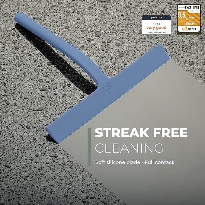 Silicone Shower Squeegee with 3-in-1 No-Drill Mount, Blue, 11'' | Streak-Free & No-Squeak Window Cleaning, Stainless Steel Core, Hook/Suction/Adhesive, Squeegee for Glass Doors & Mirrors