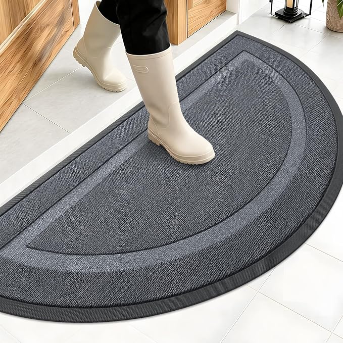 OLANLY Half Circle Front Door Mat Outside 47x23 All-Season Rubber Doormat | Charcoal Gray, Absorbent, Heavy-Duty, Stain and Fade Resistant, Non-Slip Backing, Low-Profile Indoor Outdoor Entryway Mat