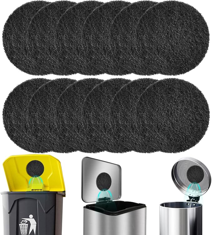 12 Pack Universal Stick-on Trash Can Odor Absorbing Filters Refills | Thick Design Activated Charcoal Purifying Deodorizer for Trash Cans, Compost Buckets, Countertop and Recycle Bins (Round)