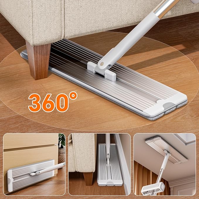 Self Wringing Mop, Hands Free Microfiber Flat Mop Wet Dry Floor | Microfiber pads, aluminum panel, wet dry cleaning system for floors walls windows, apartment use, 4 Reusable Pads