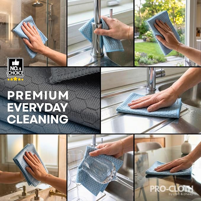 PRO-CLOTH Window & Glass Cleaning Cloths (6-Pack, 12 x 16") – Premium Honeycomb Microfiber Cloths for Windows, Mirrors, Car Glass & Screens, Water Only, Lint-Free, Streak-Free + Mini Silicone Squeegee