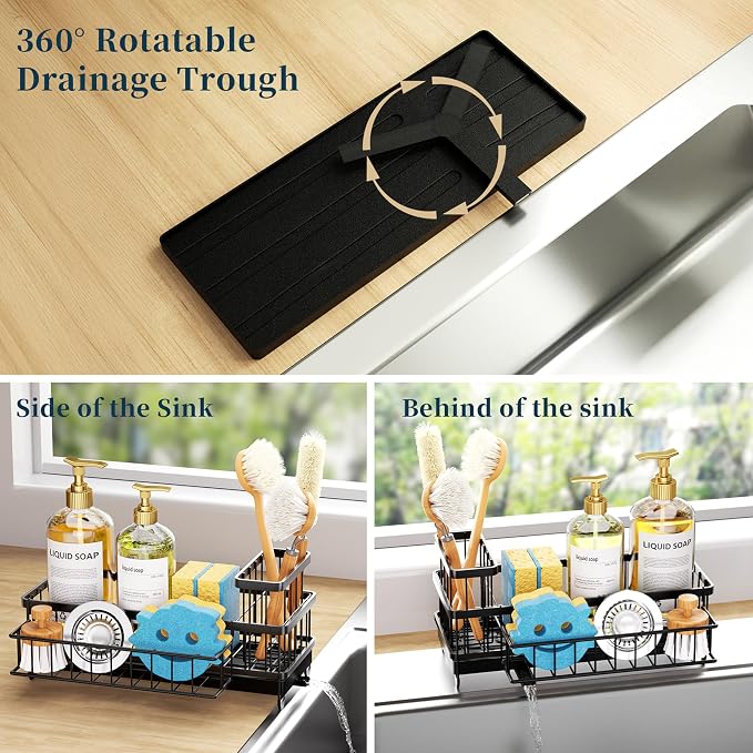 Consumest Sponge Holder for Kitchen Sink - Auto Draining Sink Caddy Organizer with Detachable Rack, High Brush Holder, Kitchen Countertop Storage Accessories, Black-Extra Large