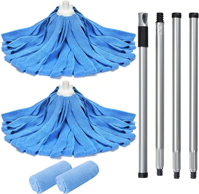 Matthew Microfiber Mop Compatible with Ceda Refill - Commercial Mop Replacement 54" Stainless Steel Handle with 2 Wet Mop Heads w/1 Handle Incl. 2 Pcs Blue Microfiber Cloth