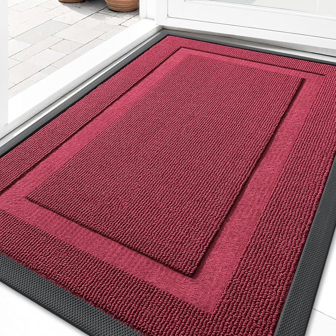 OLANLY Front Door Mat Outside 33x21, All-Season Heavy-Duty Rubber Doormat | Burgundy, Absorbent, Stain and Fade Resistant, Waterproof Non-Slip Backing, Low-Profile Indoor Outdoor Floor Mat for Entryway